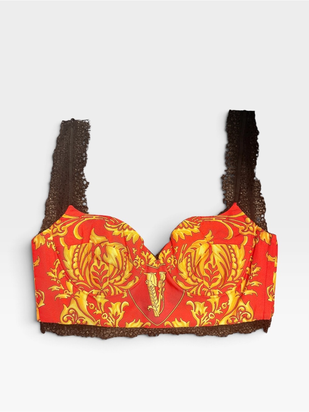 Versace 2018 Barocco Silk Bustier Red Gold Black Lace Size 36 (2) Made in Italy